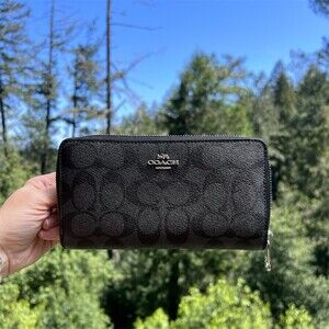 COACH Long Zip-Around Wallet Signature Canvas Graphite w Silver Hardware AUTHNTC